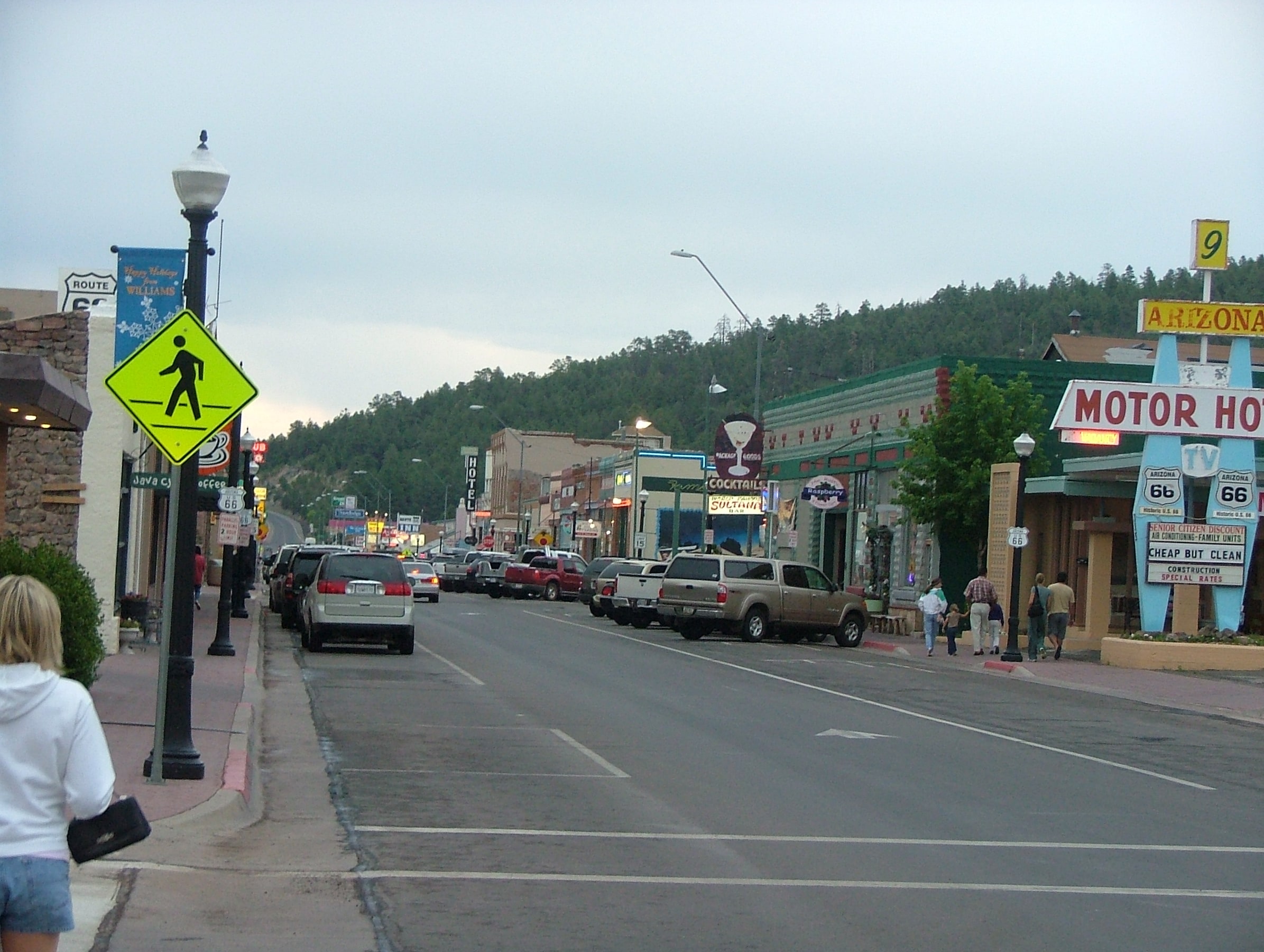 Historic Route 66 storefronts and signs in downtown Williams, Arizona