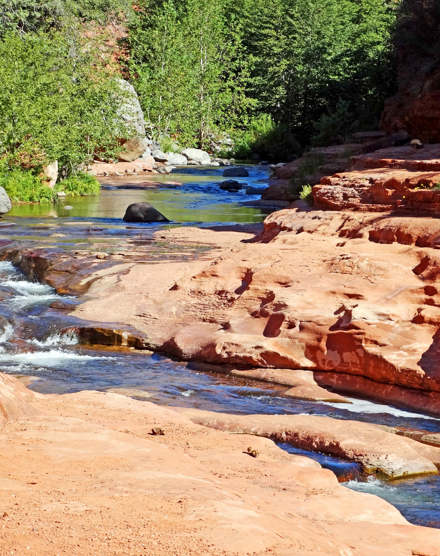 Oak Creek flowing over the red-rock swimming area at Slide Rock State Park near Sedona