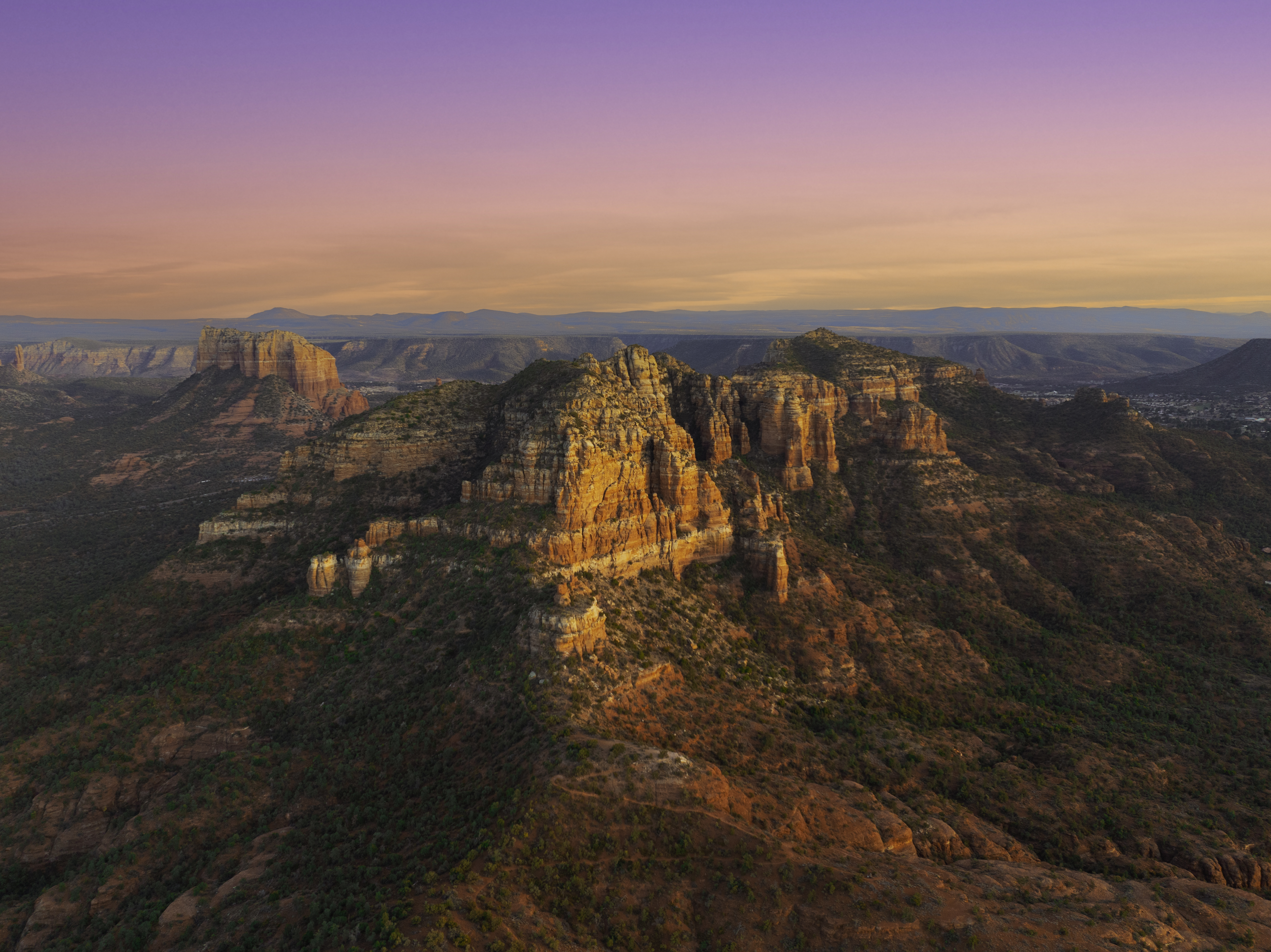 Aerial sunset over the red rocks of Sedona, Arizona
